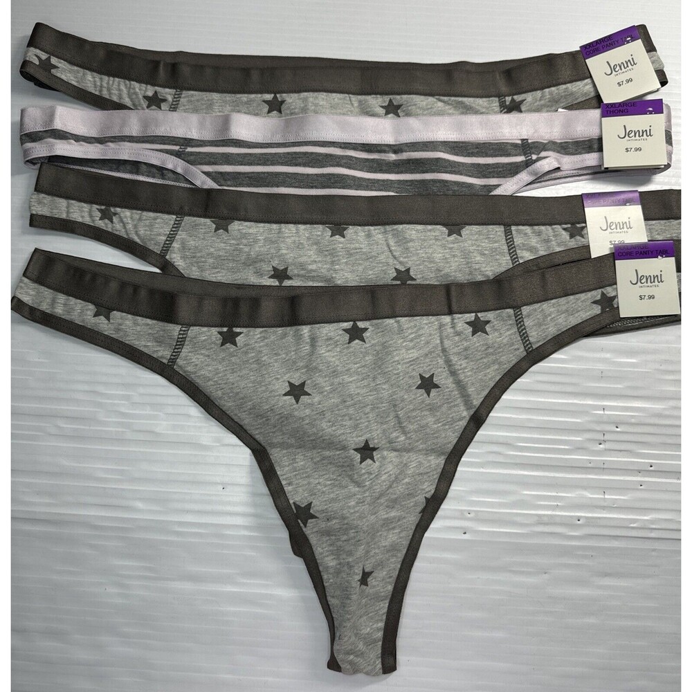 Jenni Lot Of 4 Cotton Print Satin Trim Thongs Panties Underwear Sz XXL NWT